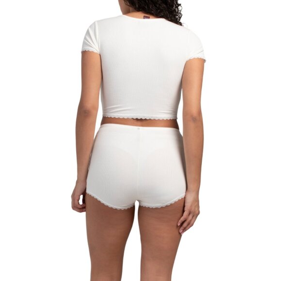 LALA SLEEPWEAR Egret Ribbed Short Sleeve Kiki Crop Top And Shorts Pajama Set - Picture 2 of 2